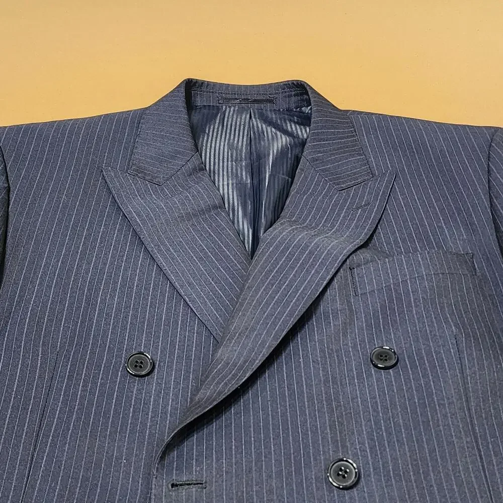 Bertolini Suit Jacket Mens 44 Blue Pinstripe Double Breasted Wool Silk Lined
